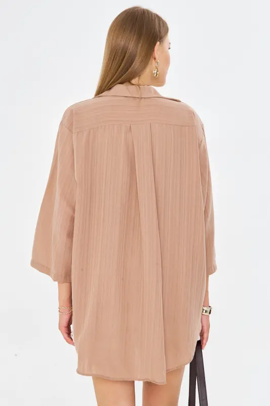 Kadın Açık Vizon Kendinden Çizgili Önden Bağlamalı Kimono Gömlek ARM-24Y001101-Açık Vizon - 4