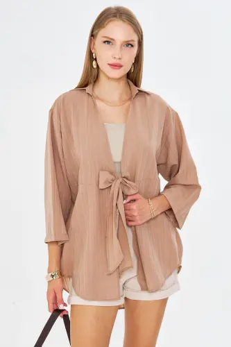 Kadın Açık Vizon Kendinden Çizgili Önden Bağlamalı Kimono Gömlek ARM-24Y001101-Açık Vizon - 3