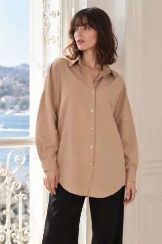 Kadın Açık Vizon Oversize Uzun Basic Gömlek ARM-22Y001118 - Açık Vizon - 1