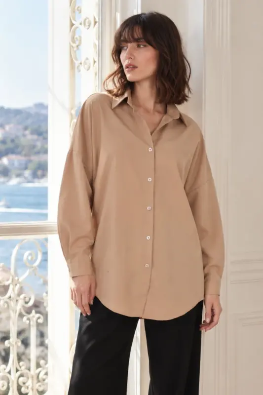 Kadın Açık Vizon Oversize Uzun Basic Gömlek ARM-22Y001118 - Açık Vizon - 1