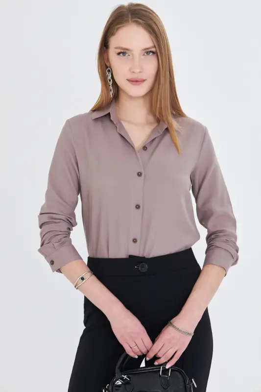 Kadın Açık Vizon Uzun Kollu Düz Gömlek ARM-18Y001176-Açık Vizon - 1