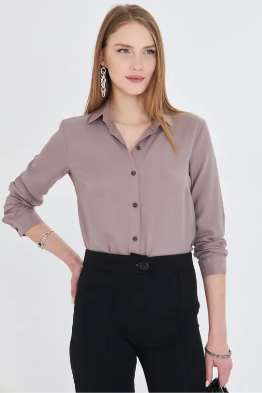 Kadın Açık Vizon Uzun Kollu Düz Gömlek ARM-18Y001176-Açık Vizon - 3