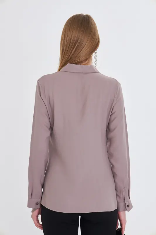 Kadın Açık Vizon Uzun Kollu Düz Gömlek ARM-18Y001176-Açık Vizon - 5