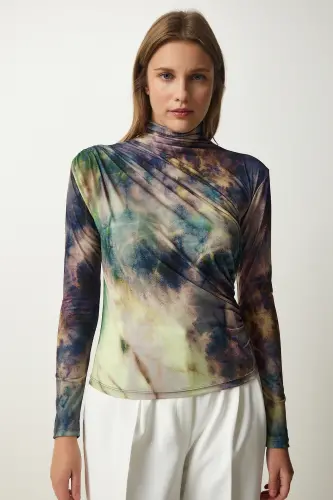 Hellgrüne drapierte Sandy-Bluse mit hohem Kragen für Damen FF00138 - Hellgrün - HAPPINESS İSTANBUL (1)