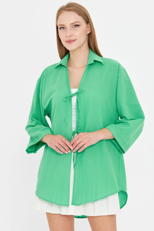 Kadın Açık Yeşil Gömlek Yakalı Önden Bağcıklı Kimono Gömlek ARM-25K001006 - Açık Yeşil - ARMONIKA