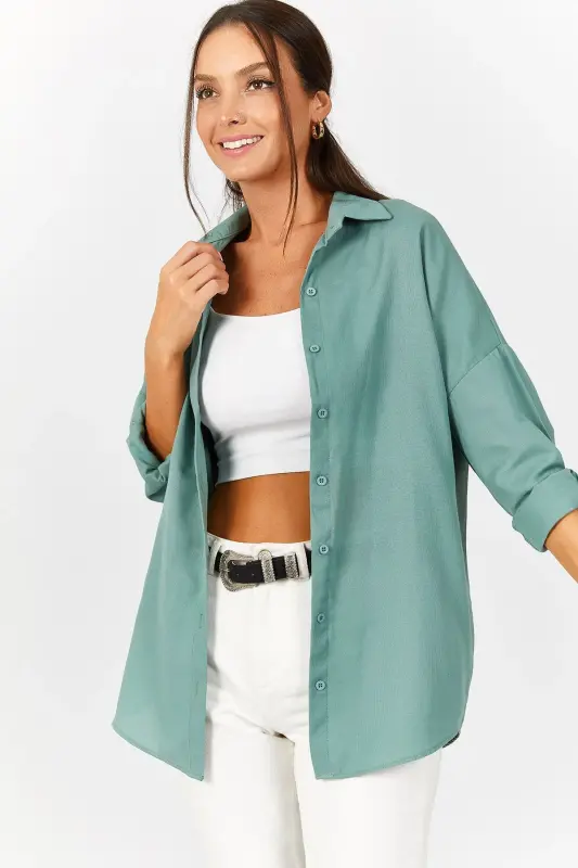 Kadın Açık Yeşil Oversize Uzun Basic Gömlek ARM-22Y001118-Açık Yeşil - 2