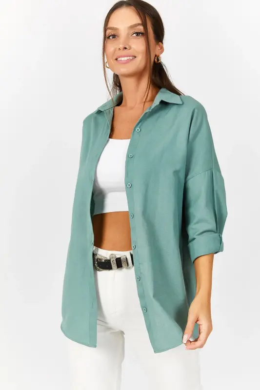Kadın Açık Yeşil Oversize Uzun Basic Gömlek ARM-22Y001118-Açık Yeşil - 3