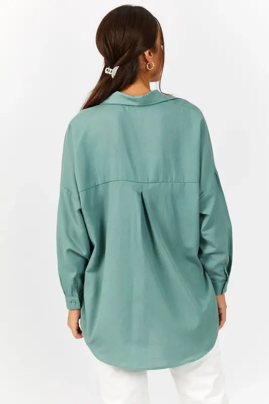 Kadın Açık Yeşil Oversize Uzun Basic Gömlek ARM-22Y001118-Açık Yeşil - 4