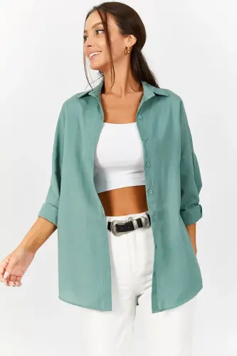 Kadın Açık Yeşil Oversize Uzun Basic Gömlek ARM-22Y001118-Açık Yeşil 