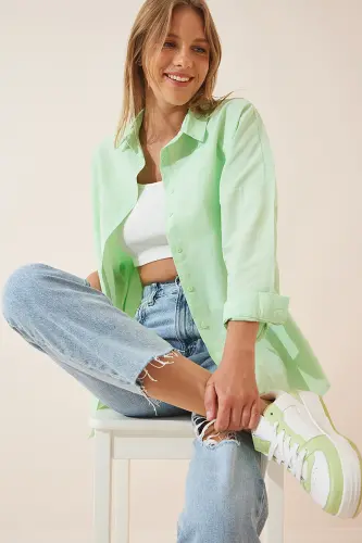 Kadın Açık Yeşil Oversize Uzun Basic Gömlek DD00842 - Açık Yeşil - HAPPINESS İSTANBUL (1)