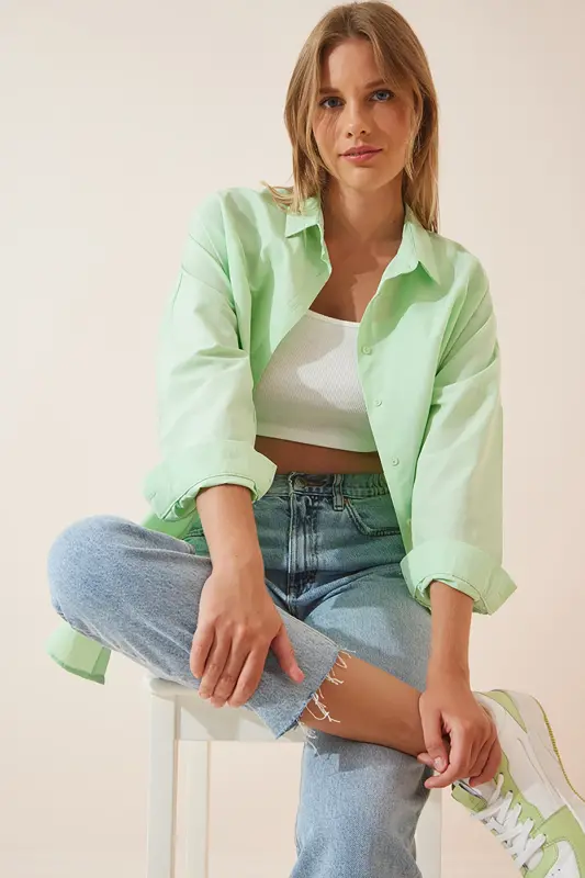 Kadın Açık Yeşil Oversize Uzun Basic Gömlek DD00842 - Açık Yeşil - 3
