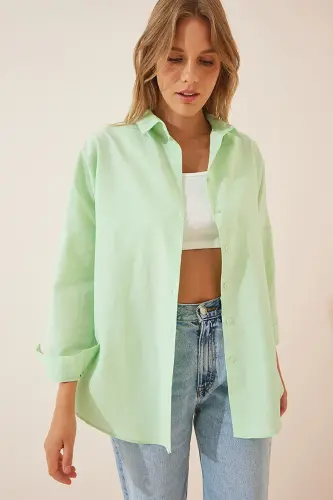 Kadın Açık Yeşil Oversize Uzun Basic Gömlek DD00842 - Açık Yeşil - 4