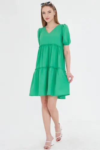 Kadın Açık Yeşil V Yaka Kısa Kol Fırfırlı Elbise ARM-25Y001049-Açık Yeşil - 1