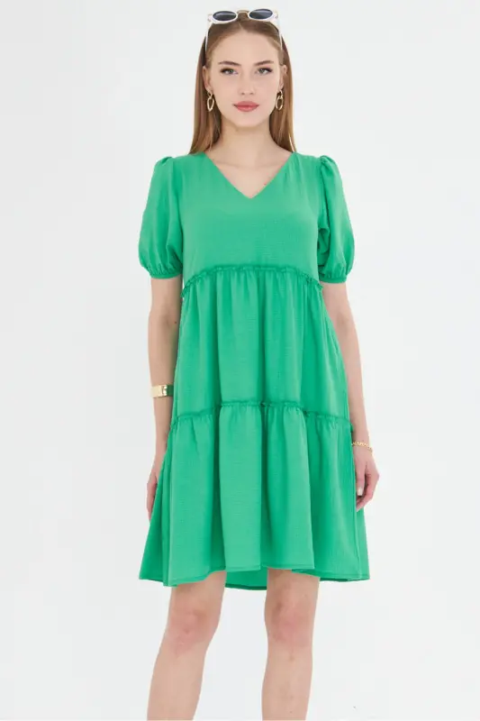 Kadın Açık Yeşil V Yaka Kısa Kol Fırfırlı Elbise ARM-25Y001049-Açık Yeşil - 2