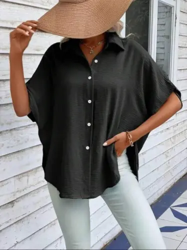 Kadın Aerobin Kumaş Oversize Kısa Kollu Gömlek - 1