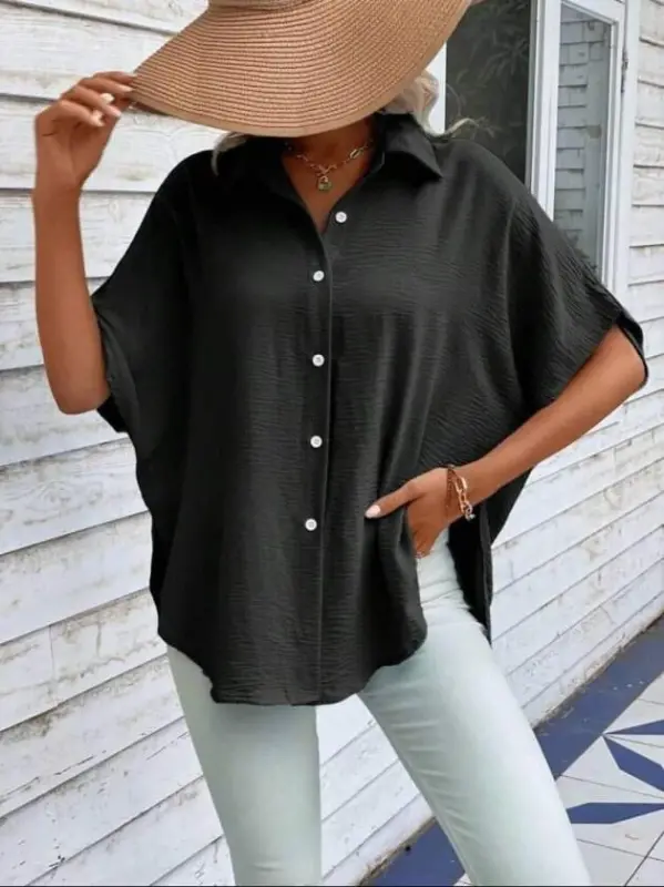 Kadın Aerobin Kumaş Oversize Kısa Kollu Gömlek - 1