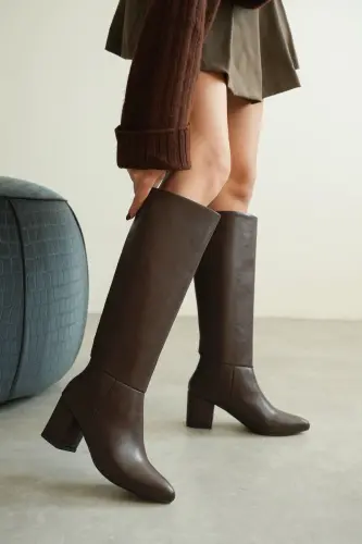 Kadın Akel Diz Altı Çekme Çizme - Kahve-Deri-Kahve - 1