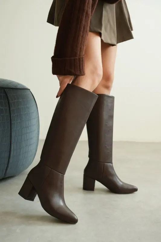 Kadın Akel Diz Altı Çekme Çizme - Kahve-Deri-Kahve - 1