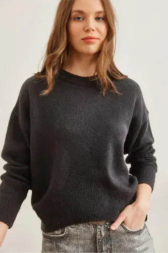 Kadın Antrasit Altı Oval Bisiklet Yaka Basic Triko Kazak KZK-19000914-Antrasit - 3