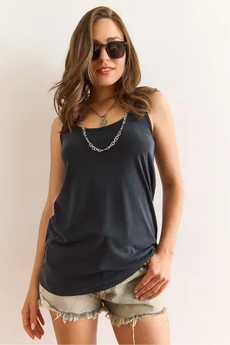 Kadın Antrasit Askılı Dökümlü Modal Bluz BLZ-19003011-Antrasit - 6