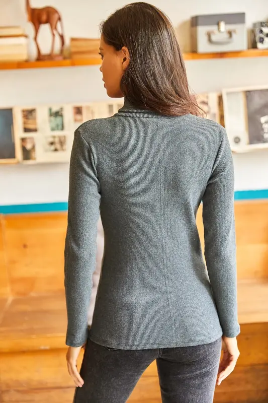 Kadın Antrasit Balıkçı Yaka Şardonlu Kaşkorse Kazak KZK-19000395-Antrasit - 2