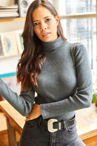 Kadın Antrasit Balıkçı Yaka Şardonlu Kaşkorse Kazak KZK-19000395-Antrasit - 4