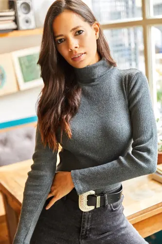 Kadın Antrasit Balıkçı Yaka Şardonlu Kaşkorse Kazak KZK-19000395-Antrasit - 5