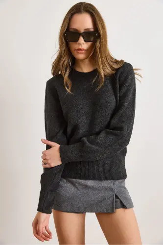 Kadın Antrasit Bisiklet Yaka Yumuşak Dokulu Basic Triko Kazak KZK-19000845-Antrasit - 6