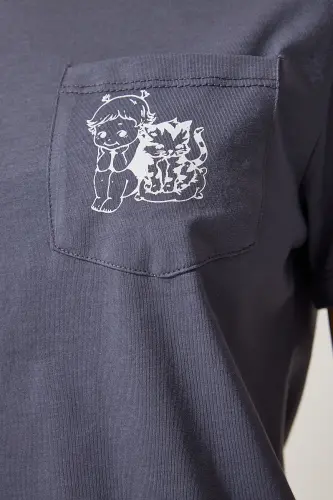 Kadın Antrasit Cepli Örme T-Shirt UB00252-Antrasit - 3