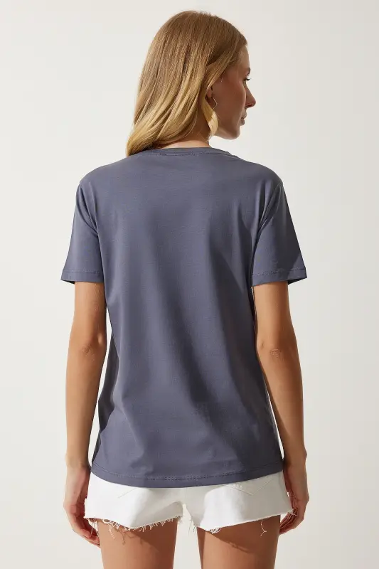 Kadın Antrasit Cepli Örme T-Shirt UB00252-Antrasit - 4