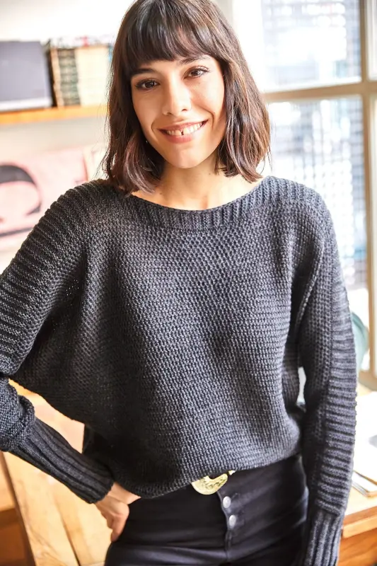 Kadın Antrasit Kol Detaylı Petek Örgü Kazak KZK-19000399-Antrasit - 2