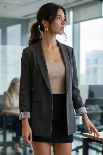 Kadın Antrasit Kol İçi Çizgili Tek Düğmeli Ceket ARM-22K001122-Antrasit - ARMONIKA (1)