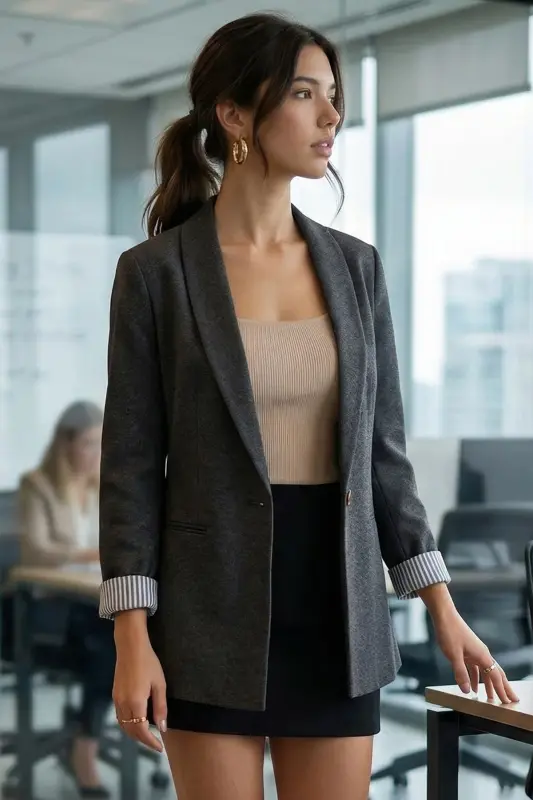 Kadın Antrasit Kol İçi Çizgili Tek Düğmeli Ceket ARM-22K001122-Antrasit - 2