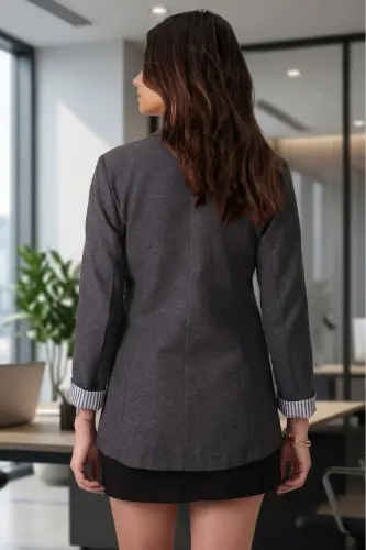 Kadın Antrasit Kol İçi Çizgili Tek Düğmeli Ceket ARM-22K001122-Antrasit - 3