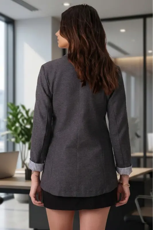 Kadın Antrasit Kol İçi Çizgili Tek Düğmeli Ceket ARM-22K001122-Antrasit - 3