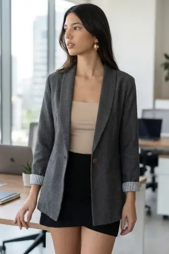 Kadın Antrasit Kol İçi Çizgili Tek Düğmeli Ceket ARM-22K001122-Antrasit 
