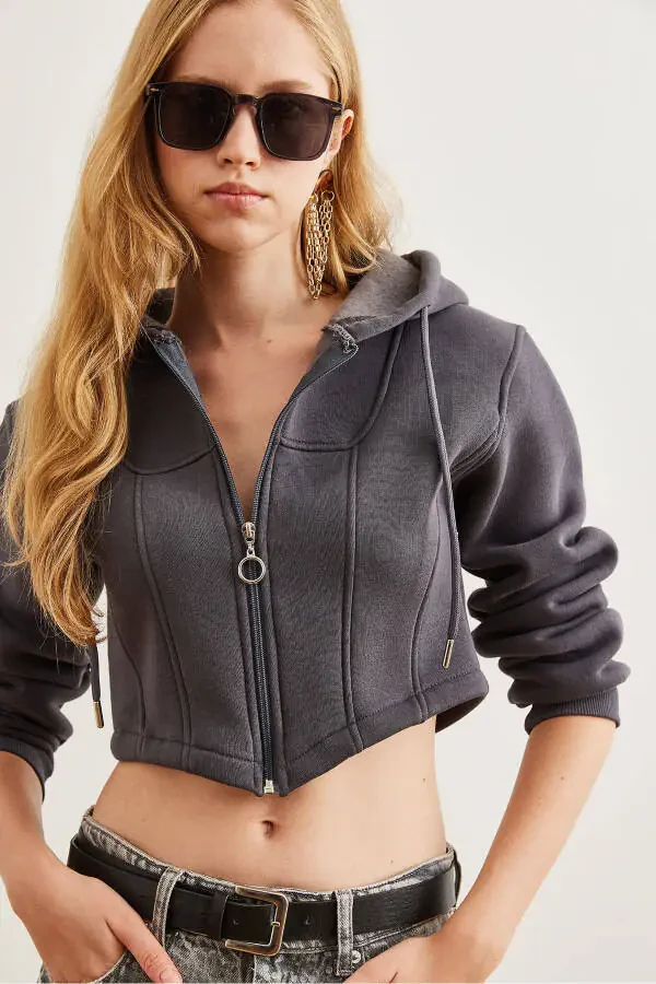Kadın Antrasit Korse Detaylı Kapüşonlu Şardonlu Crop Sweatshirt SWT-19000657-Antrasit - 2