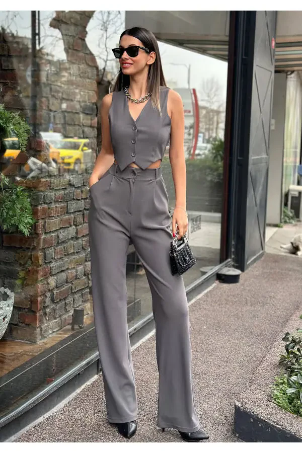 Kadın Antrasit Krep Kumaş Yelek Yüksek Bel Pantolon Takım-ANTRASİT - 6