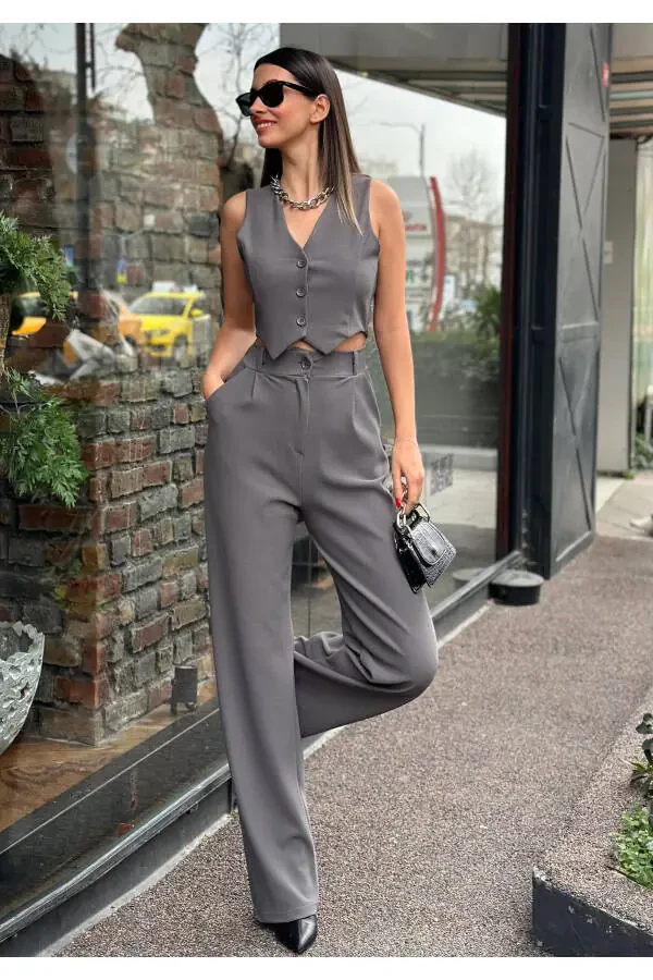 Kadın Antrasit Krep Kumaş Yelek Yüksek Bel Pantolon Takım-ANTRASİT - 8