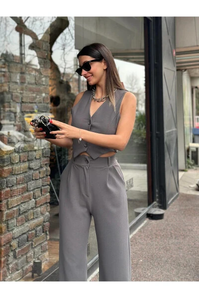 Kadın Antrasit Krep Kumaş Yelek Yüksek Bel Pantolon Takım-ANTRASİT - 9