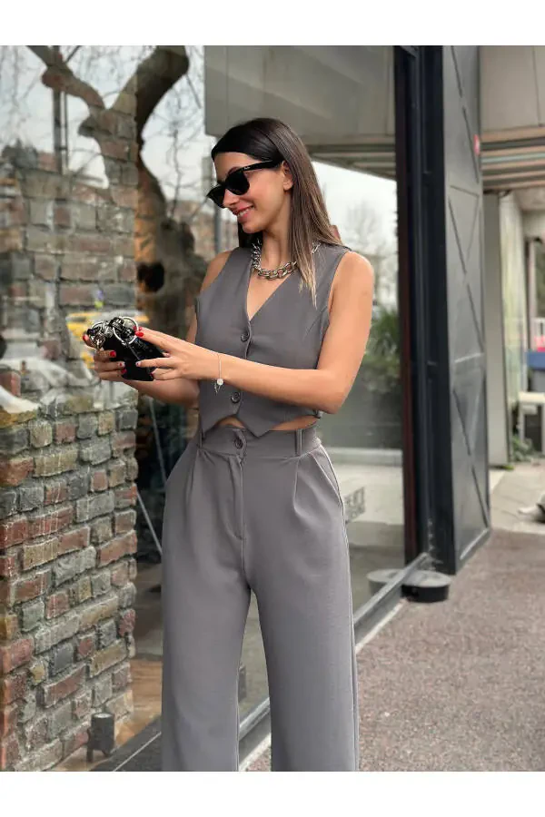 Kadın Antrasit Krep Kumaş Yelek Yüksek Bel Pantolon Takım-ANTRASİT - 4