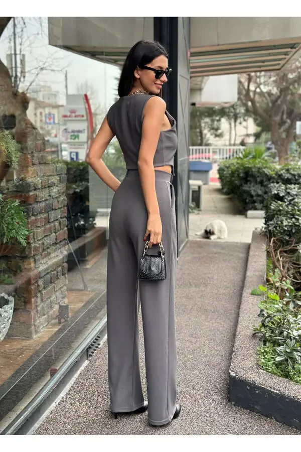 Kadın Antrasit Krep Kumaş Yelek Yüksek Bel Pantolon Takım-ANTRASİT - 5