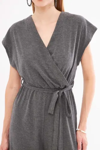Kadın Antrasit Kruvaze Beli Kemerli Tulum ARM-20Y042008-Antrasit - ARMONIKA (1)
