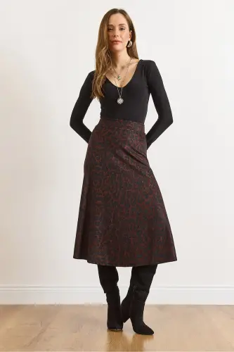 Kadın Antrasit Leopar Beli Lastikli Süet Dokulu Çan Etek ETK-19000141-Antrasit Leopar - 1