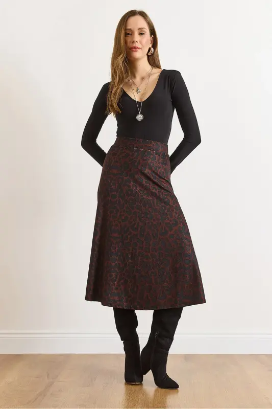 Kadın Antrasit Leopar Beli Lastikli Süet Dokulu Çan Etek ETK-19000141-Antrasit Leopar - 1