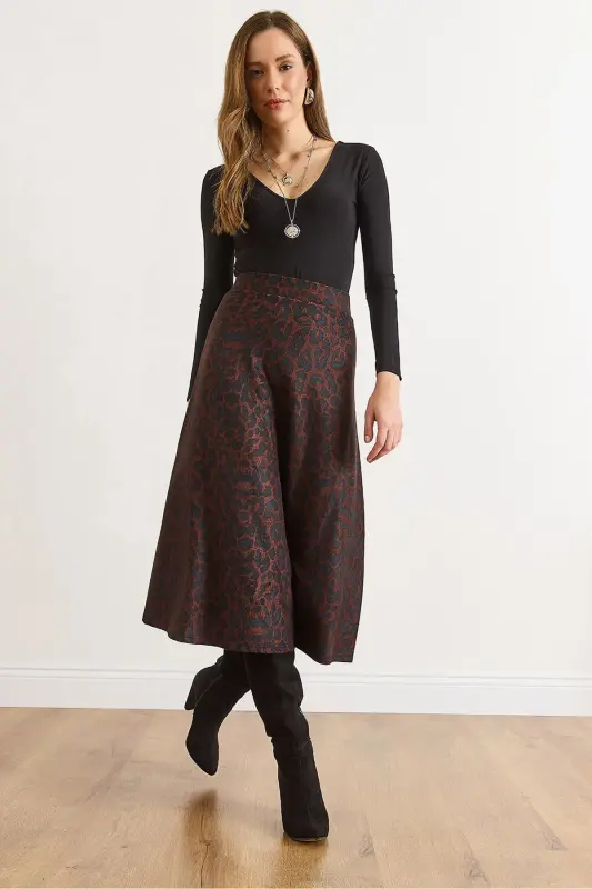 Kadın Antrasit Leopar Beli Lastikli Süet Dokulu Çan Etek ETK-19000141-Antrasit Leopar - 4