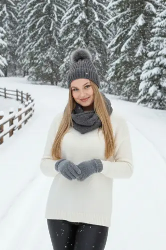 Kadın Antrasit Triko Ponponlu Bere Ve Örgü Boyunluk Set-Antrasit 