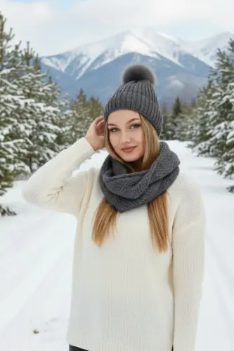 Kadın Antrasit Triko Ponponlu Bere Ve Örgü Boyunluk Set-Antrasit - 5