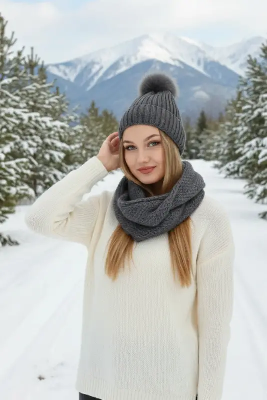 Kadın Antrasit Triko Ponponlu Bere Ve Örgü Boyunluk Set-Antrasit - 5