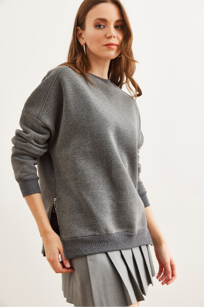 Kadın Antrasit Yanları Fermuar Detaylı İçi Polarlı Kalın Sweatshirt SWT-19000624 - Antrasit - 3